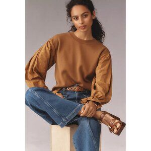 Anthropologie Puff-Sleeve Sweater Medium Embroidered Shirt Sleeve Gold Bohemian